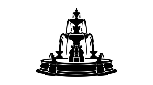 Vector silhouette of classical fountain with trident statue and water streams, mythological landmark art