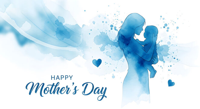 Watercolor mother's day greeting with abstract blue splashes and calligraphy
