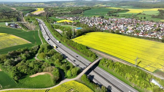 Idstein, Germany - April 23, 2026: Aerial view of dense traffic on German highway A3 between Bad Camberg and Idstein.