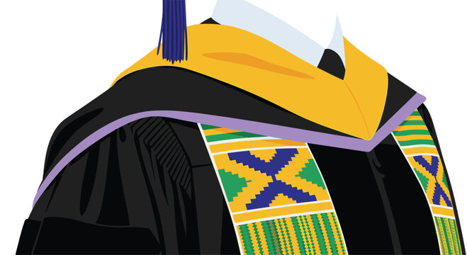 A graduate wearing a black academic gown with a vibrant yellow hood and a traditional colorful Kente cloth sash against a clean white background in professional studio light.