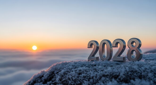 New Year 2028 Celebrated with a Frosty Sunrise Over a Mountain Peak