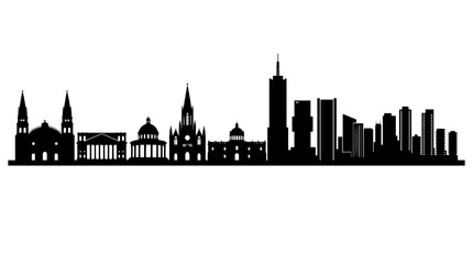 Obraz premium Vector silhouette of mixed city skyline with historic towers, domes, and modern high‑rise buildings, urban landmark art