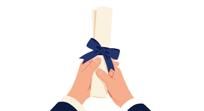 Two hands wearing formal dark sleeves hold a tightly rolled parchment diploma tied with a deep navy blue bow against a stark white backdrop in bright studio light.