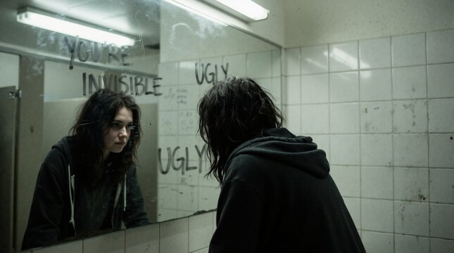 Young woman looking in mirror with bullying text. Depressed girl in public restroom staring at reflection. Mental health and self-esteem concept