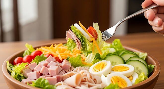 Fresh Chef Salad with Ham, Turkey, Eggs, Cheese and Vegetables, Healthy Lunch Served on Wooden Bowl. chef s salad