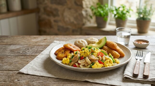 Jamaican ackee and saltfish with fried plantains and avocado. Traditional Caribbean breakfast on a rustic wooden table. National dish of Jamaica with dumplings
