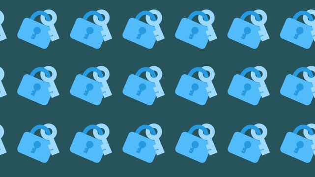 Seamless pattern of blue padlocks and keys for cyber security concept in a background animation. Abstract data protection and encryption wallpaper for security access and privacy banner.