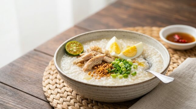Arroz caldo chicken rice porridge with egg and fried garlic. Traditional Filipino comfort food on a wooden table. Asian cuisine concept
