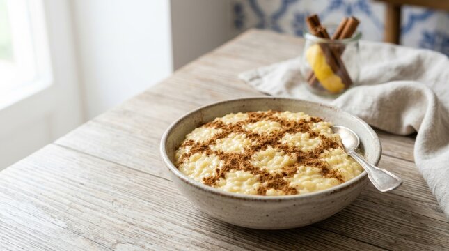 Traditional Portuguese arroz doce rice pudding with cinnamon pattern. Creamy sweet dessert on a rustic wooden table. National dish of Portugal