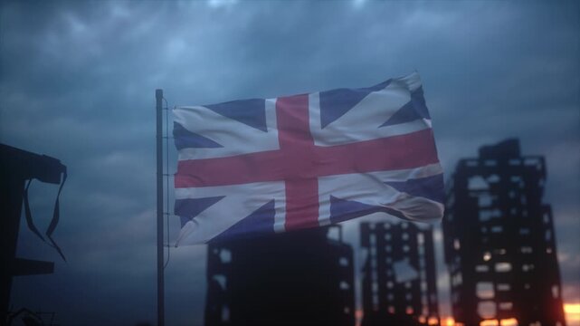 Dramatic Union Jack Flag Against Ruined Buildings And Cloudy Sky
