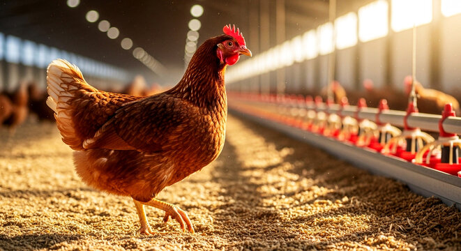 Brown hen standing inside a poultry farm with feeding lines and warm sunlight. Clear detail and structured setting create an ideal scene for agriculture visuals and modern poultry farming concepts.
