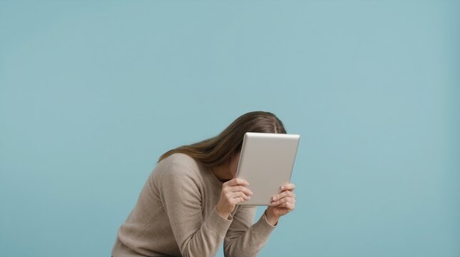 Woman hiding her face behind digital tablet. Anonymous female holding silver device against blue background. Privacy and digital identity concept