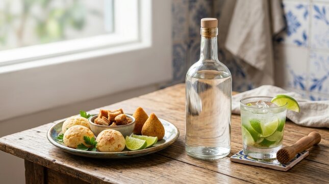 Brazilian cacha&ccedil;a bottle and caipirinha cocktail on a rustic table. Traditional national snacks including p&atilde;o de queijo and coxinha. Authentic regional cuisine from Brazil