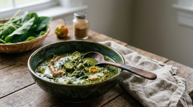 Traditional Caribbean callaloo stew with crab and okra. Hearty green leafy soup with coconut milk. Authentic national dish on a rustic wooden table