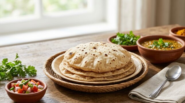 Stack of fresh chapati flatbread on a wooden table. Traditional Indian meal with dal and fresh salad. Homemade roti served with lentils and herbs