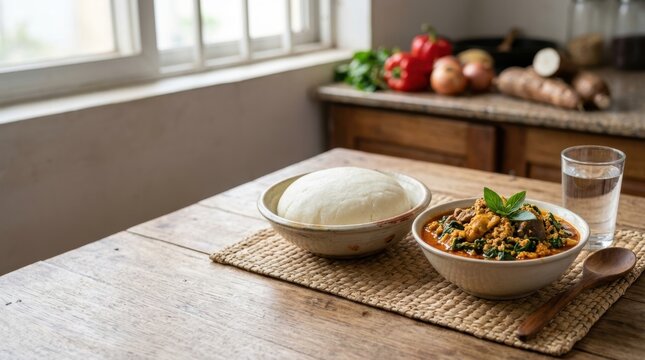Traditional cassava fufu served with savory meat and vegetable stew. Authentic african national dish on a rustic wooden table. Pounded yam or ugali with soup concept