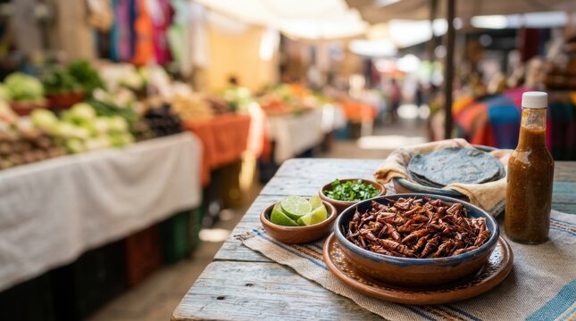 Toasted chapulines with lime and cilantro in a Mexican market. Traditional edible grasshoppers served with blue corn tortillas and salsa. Street food concept