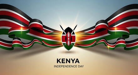 Kenya independence day celebration with waving flag ribbons and national shield
