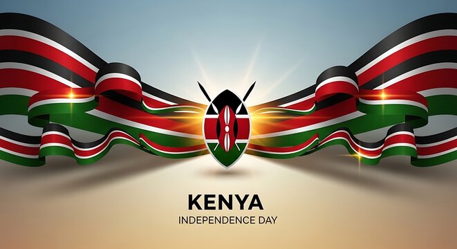 Kenya independence day celebration with waving flag ribbons and national shield