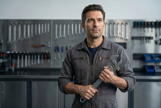 Editorial capture of a senior technician with a large adjustable wrench in a clinical industrial setting. The focus is on the readiness and high-level competence of a master craftsman.
