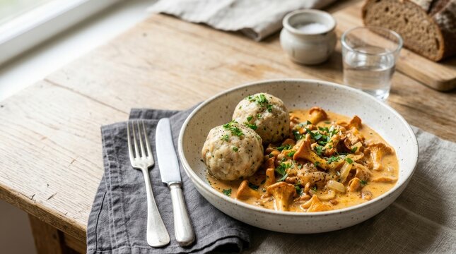 Austrian chanterelle mushroom goulash with bread dumplings. Eierschwammerlgulasch with semmelknoedel on a rustic wooden table. Traditional Bavarian cuisine