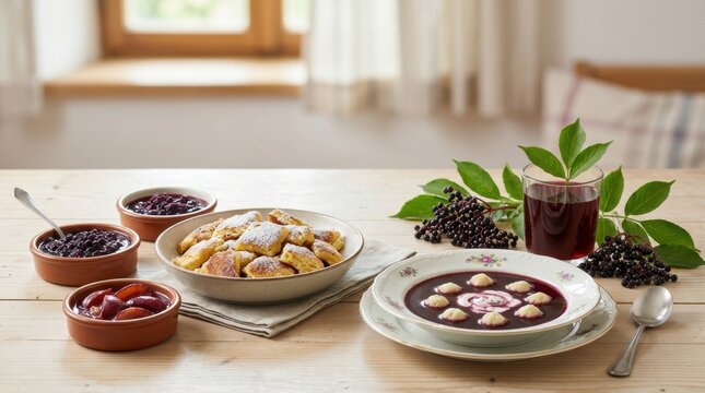 Traditional German fliederbeersuppe with semolina dumplings and kaiserschmarrn. Elderberry soup and shredded pancake dessert. National dish of Northern Germany