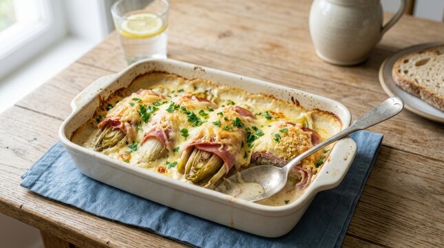 Endive gratin with ham and cheese sauce in a baking dish. Traditional Belgian chicons au jambon on a wooden table. Savory baked casserole with bechamel