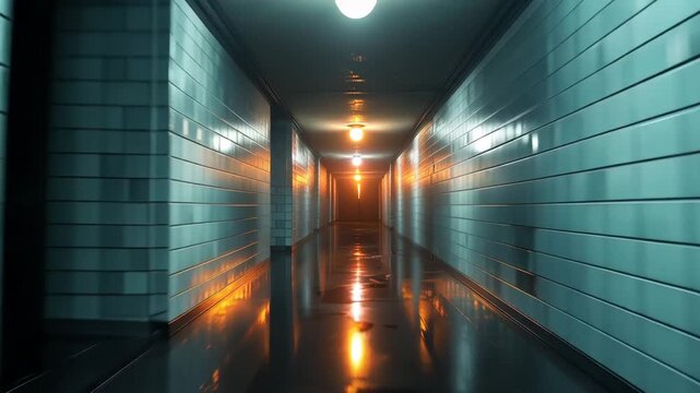 4k cinematic footage of empty prison corridor with dramatic lighting and wet floor reflections