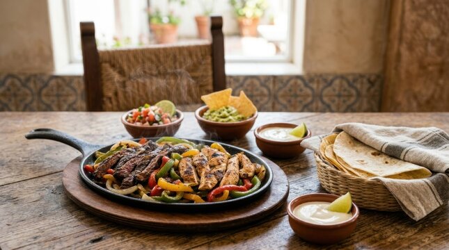 Sizzling beef and chicken fajitas with peppers and onions in a cast iron skillet. Mexican food with tortillas, guacamole and salsa. Authentic dinner on rustic table