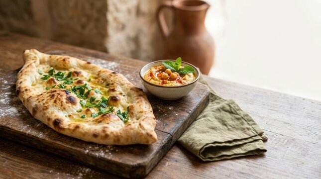 Freshly baked boat shaped flatbread with herbs on wooden board. Traditional middle eastern pide with hummus and chickpeas. National dish concept