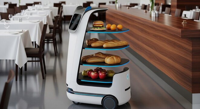 Autonomous Food Delivery Robot Serving Meals in a Modern Restaurant with Tables and Chairs
