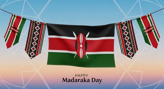 Happy madaraka day celebration with kenyan flags hanging on a string