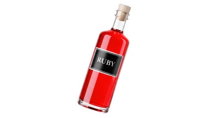 Obraz premium Glass bottle filled with vibrant red liquid, featuring a ruby label and a wooden cork stopper, isolated on transparent background