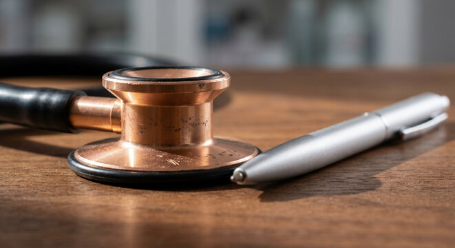 Macro study of a copper-finish stethoscope and a high-end silver pen on a weathered oak surface. The image highlights material physics and the tactile depth of professional instruments.
