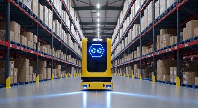 Autonomous yellow robot with glowing blue eyes navigates a modern warehouse filled with shelves