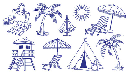 Hand drawn beach lounge chair with umbrella, boho teepee tent and coastal picnic elements, vacation themed illustration with hammock and relaxing summer vibe. © ABUBOKKORsiddik