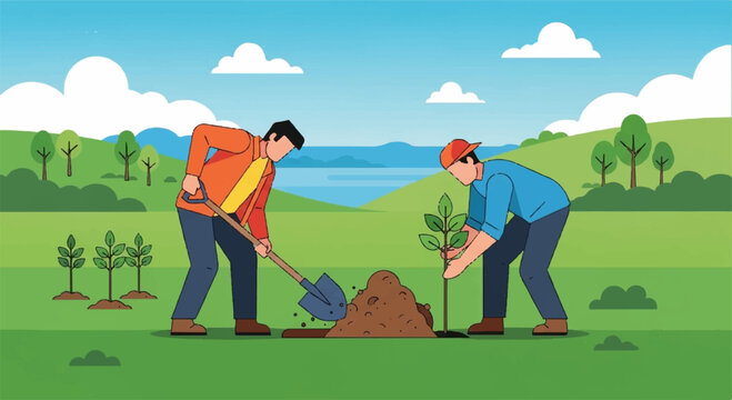 Two men planting a tree sapling in a vibrant meadow under a bright blue sky representing environmental protection and sustainable reforestation