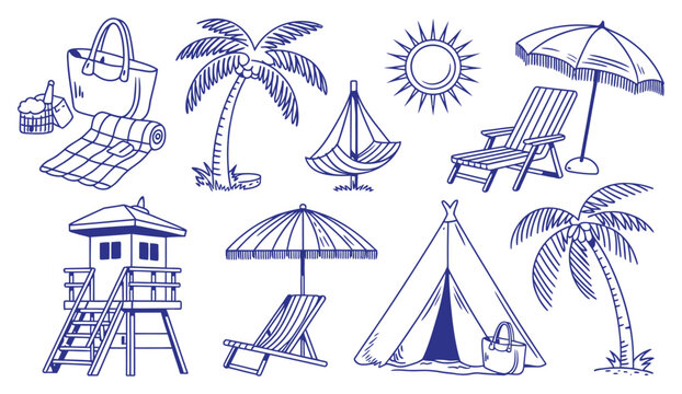 Hand drawn beach lounge chair with umbrella, boho teepee tent and coastal picnic elements, vacation themed illustration with hammock and relaxing summer vibe.