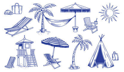Hand drawn beach lounge chair with umbrella, boho teepee tent and coastal picnic elements, vacation themed illustration with hammock and relaxing summer vibe. © ABUBOKKORsiddik