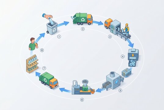 Circular economy process illustrating recycling journey of plastic bottles from disposal to reprocessing demonstrating sustainable practices and environmental impact awareness