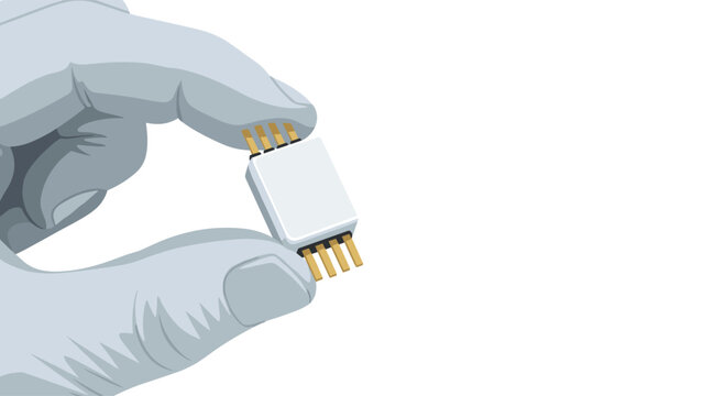 A gloved hand holds a small white electronic component with gold pins against a clean white background with a bright and airy minimalist digital color aesthetic.