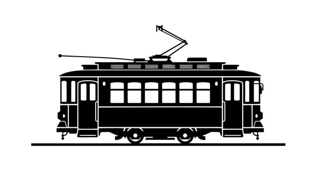 Vector silhouette of classic streetcar tram with windows and pantograph, urban transportation landmark art