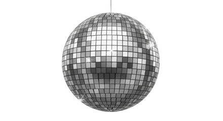 Fototapeta premium Reflective silver disco ball with small square mirror tiles, hanging sphere for parties and dance clubs, isolated on