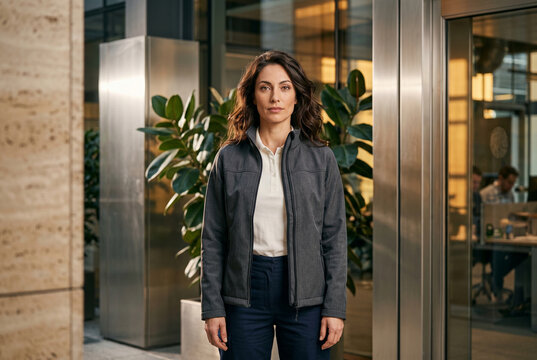 A professional female engineer stands in a modern corporate lobby, wearing a high-quality charcoal softshell jacket and navy tactical trousers. Natural light reflects off premium metal panels.
