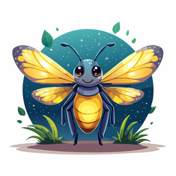 Adorable cartoon firefly character with large wings, smiling with a starry night background, surrounded by green leaves and grass, representing nature and wonder