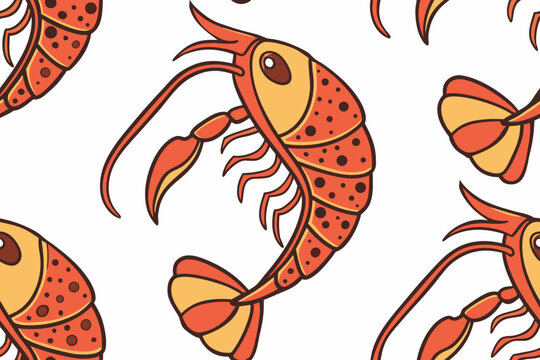 Colorful cartoon vector illustration featuring a seamless repeating pattern design of cute orange shrimp for fun creative fabric textiles