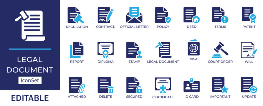 Legal Document Icon Set with Contract, Court Order, Patent and Deed
