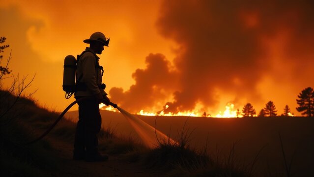 Firefighter spraying water on a wildfire scene