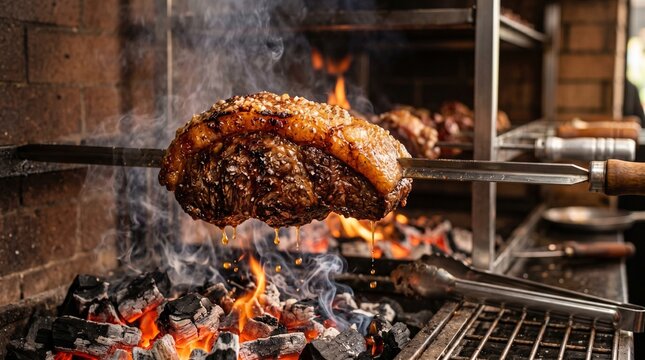 Picanha on a skewer being roasted over charcoal, fat browning and dripping, soft smoke, warm light, ultra-realistic, commercial style