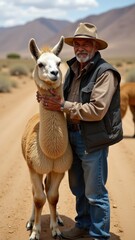 Fototapeta premium A man stands beside a llama on a dirt road, a serene and peaceful scene